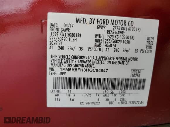 2017 Ford Explorer Limited z VIN 1FM5K8FH3HGC84847, wystawiony jako Copart lot #87410665 z przebiegiem 121 692 mil mil oraz Szkoda całkowita • Salvage title. Historia ofert i sprzedaży dostępna na DreamBid. Obrazek 13.