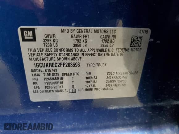 2015 Chevrolet Silverado 1500 LT with VIN 1GCUKREC2FF203593, listed as a Copart auction lot 70524424 with 116,172 mi miles and Salvage title. Bid and sale history available at DreamBid. Image 12.