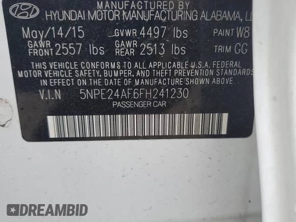 2015 Hyundai Sonata SE with VIN 5NPE24AF6FH241230, listed as a Copart auction lot 67149985 with Not provided miles and Clean title. Bid and sale history available at DreamBid. Image 12.