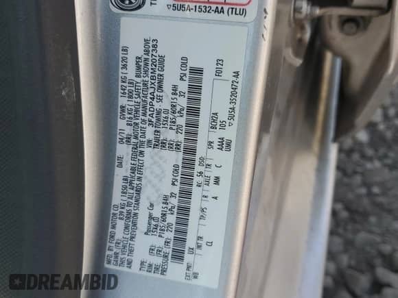 2011 Ford Fiesta S с VIN 3FADP4AJXBM207383, выставлен на аукционе Copart как лот 71039745 с пробегом 111 821 миль миль и Списание • Salvage title. История ставок и продаж доступна на DreamBid. Изображение 12.