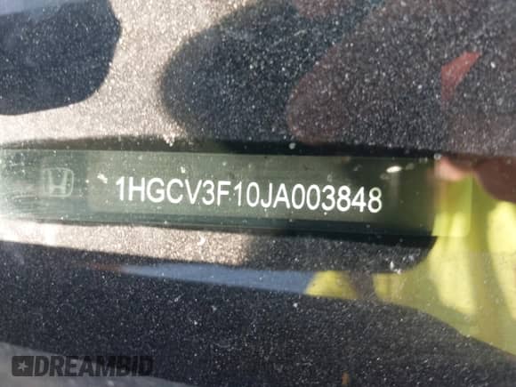 2018 Honda Accord with VIN 1HGCV3F10JA003848, listed as a IAAI auction lot 43435031 with 163,085 mi miles and . Bid and sale history available at DreamBid. Image 17.