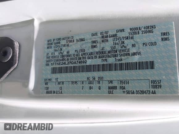 2007 Ford Econoline Cargo Commercial with VIN 1FTNE24L27DA74692, listed as a IAAI auction lot 42522094 with 173,839 mi miles and . Bid and sale history available at DreamBid. Image 9.