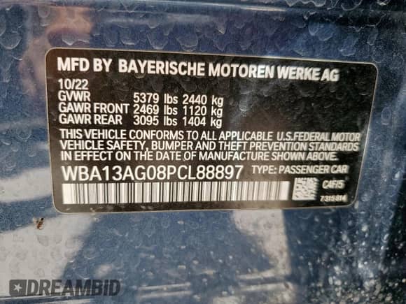 2023 BMW 5 Series 530e с VIN WBA13AG08PCL88897, выставлен на аукционе Copart как лот 65468695 с пробегом 24 926 миль миль и Списание • Salvage title. История ставок и продаж доступна на DreamBid. Изображение 12.