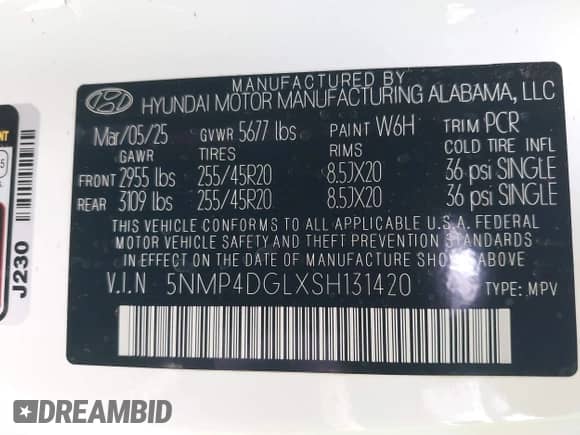 2025 Hyundai Santa Fe Limited with VIN 5NMP4DGLXSH131420, listed as a IAAI auction lot 42024145 with 241 mi miles and . Bid and sale history available at DreamBid. Image 9.