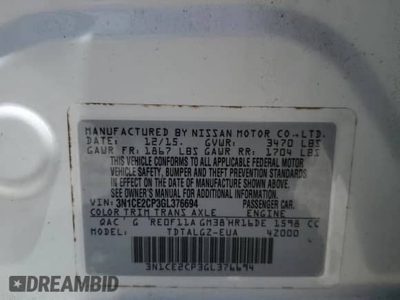 2016 Nissan Note S Plus с VIN 3N1CE2CP3GL376694, выставлен на аукционе Copart как лот 65428565 с пробегом 65 811 миль миль и Списание • Salvage title. История ставок и продаж доступна на DreamBid. Изображение 13.