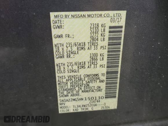 2017 Nissan Murano SL with VIN 5N1AZ2MG5HN150130, listed as a Copart auction lot 59765935 with 135,283 mi miles and Salvage title. Bid and sale history available at DreamBid. Image 13.