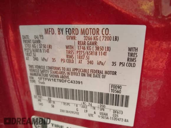 2013 Ford F-150 XL with VIN 1FTFW1ET9DFC43391, listed as a IAAI auction lot 42806547 with 130,388 mi miles and . Bid and sale history available at DreamBid. Image 9.