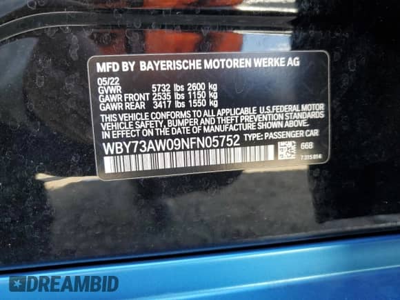 2022 BMW i4 eDrive40 with VIN WBY73AW09NFN05752, listed as a Copart auction lot 58095875 with 43,401 mi miles and Salvage title. Bid and sale history available at DreamBid. Image 13.