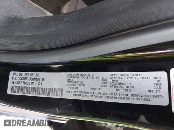 2022 Ram 1500 TRX with VIN 1C6SRFU90NN103186, listed as a IAAI auction lot 42888581 with 53,781 mi miles and . Bid and sale history available at DreamBid. Image 9.
