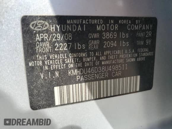 2008 Hyundai Elantra GLS с VIN KMHDU46D38U498511, выставлен на аукционе Copart как лот 80323475 с пробегом 131 802 миль миль и Списание • Salvage title. История ставок и продаж доступна на DreamBid. Изображение 13.