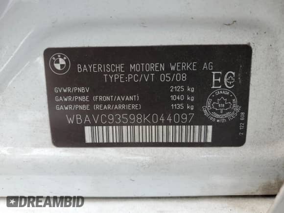 2008 BMW 3 Series 328xi с VIN WBAVC93598K044097, выставлен на аукционе Copart как лот 84714055 с пробегом 108 413 миль миль и Списание • Salvage title. История ставок и продаж доступна на DreamBid. Изображение 12.