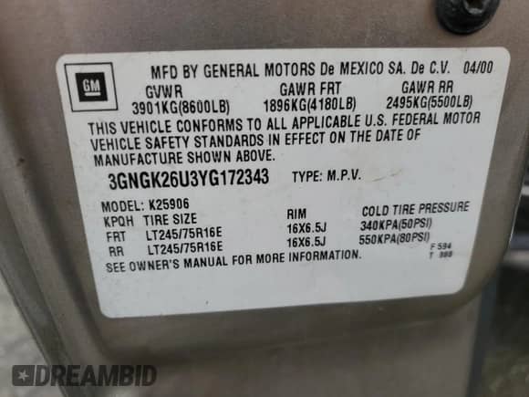 2000 Chevrolet Suburban LS с VIN 3GNGK26U3YG172343, выставлен на аукционе Copart как лот 47106575 с пробегом 339 445 миль миль и Чистый • Clean title. История ставок и продаж доступна на DreamBid. Изображение 13.