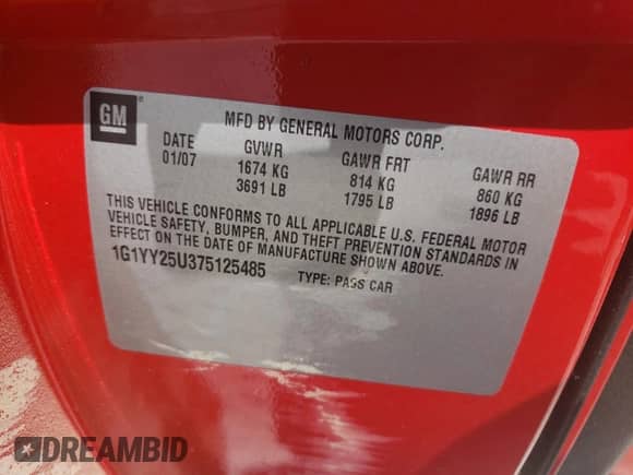 2007 Chevrolet Corvette with VIN 1G1YY25U375125485, listed as a Copart auction lot 74797954 with Not provided miles and Salvage title. Bid and sale history available at DreamBid. Image 13.