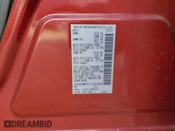 2015 Nissan Pathfinder Platinum с VIN 5N1AR2MM7FC712446, выставлен на аукционе Copart как лот 83851085 с пробегом 135 824 миль миль и Списание • Salvage title. История ставок и продаж доступна на DreamBid. Изображение 13.