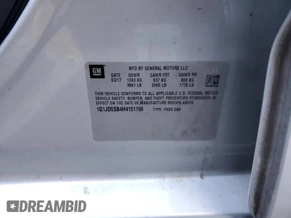 2017 Chevrolet Sonic LT с VIN 1G1JD5SB4H4151196, выставлен на аукционе Copart как лот 46190885 с пробегом 134 182 миль миль и Списание • Salvage title. История ставок и продаж доступна на DreamBid. Изображение 12.