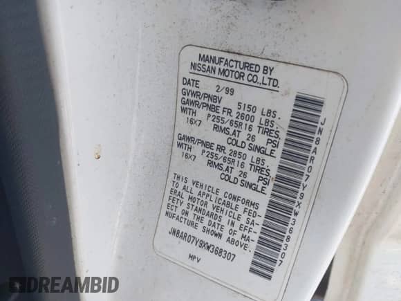 1999 Nissan Pathfinder XE z VIN JN8AR07Y9XW368307, wystawiony jako IAAI lot #42616909 z przebiegiem 338 962 mil mil oraz . Historia ofert i sprzedaży dostępna na DreamBid. Obrazek 9.