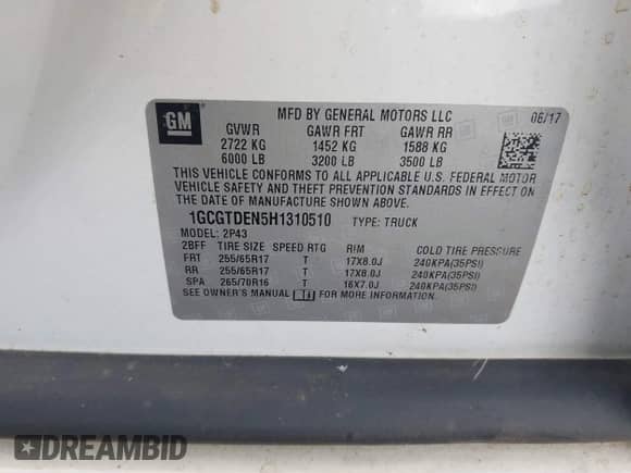 2017 Chevrolet Colorado 4WD Z71 with VIN 1GCGTDEN5H1310510, listed as a IAAI auction lot 43047285 with 121,766 mi miles and . Bid and sale history available at DreamBid. Image 9.