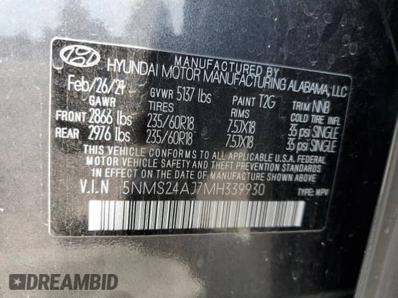 2021 Hyundai Santa Fe SEL z VIN 5NMS24AJ7MH339930, wystawiony jako Copart lot #70473405 z przebiegiem 188 757 mil mil oraz Szkoda całkowita • Salvage title. Historia ofert i sprzedaży dostępna na DreamBid. Obrazek 14.