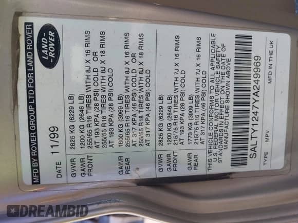2000 Land Rover Discovery Cloth z VIN SALTY1247YA249969, wystawiony jako IAAI lot #41035905 z przebiegiem 188 643 mil mil oraz . Historia ofert i sprzedaży dostępna na DreamBid. Obrazek 9.
