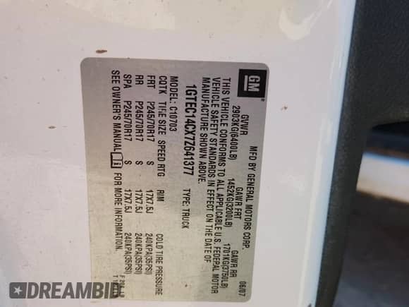 2007 GMC Sierra 1500 SLE1 with VIN 1GTEC14CX7Z641377, listed as a Copart auction lot 81898515 with Not provided miles and Salvage title. Bid and sale history available at DreamBid. Image 12.