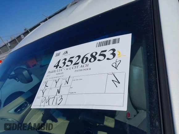2013 Nissan Pathfinder SV with VIN 5N1AR2MN8DC605797, listed as a IAAI auction lot 43526853 with 194,713 mi miles and . Bid and sale history available at DreamBid. Image 12.