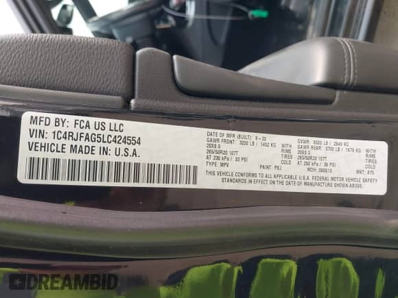 2020 Jeep Grand Cherokee Altitude with VIN 1C4RJFAG5LC424554, listed as a IAAI auction lot 43145424 with 57,858 mi miles and . Bid and sale history available at DreamBid. Image 9.