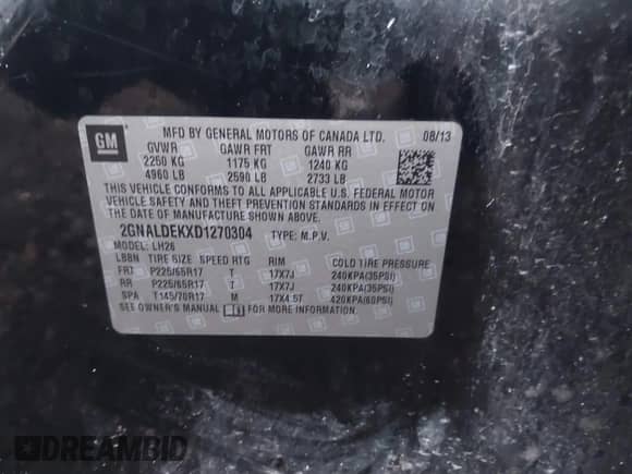 2013 Chevrolet Equinox LT с VIN 2GNALDEKXD1270304, выставлен на аукционе IAAI как лот 41209145 с пробегом 183 147 миль миль и . История ставок и продаж доступна на DreamBid. Изображение 9.