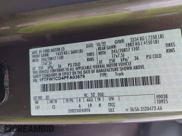 2023 Ford F-150 XL с VIN 1FTFW1CD4PFA03679, выставлен на аукционе IAAI как лот 42860414 с пробегом 32 631 миль миль и . История ставок и продаж доступна на DreamBid. Изображение 9.