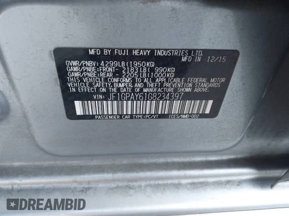 2016 Subaru Impreza Special Sports Limited with VIN JF1GPAY61G8234397, listed as a IAAI auction lot 42462642 with 83,257 mi miles and . Bid and sale history available at DreamBid. Image 9.