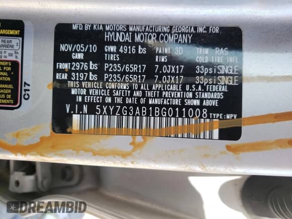 2011 Hyundai Santa Fe GLS с VIN 5XYZG3AB1BG011008, выставлен на аукционе Copart как лот 81389785 с пробегом 235 285 миль миль и Чистый • Clean title. История ставок и продаж доступна на DreamBid. Изображение 13.