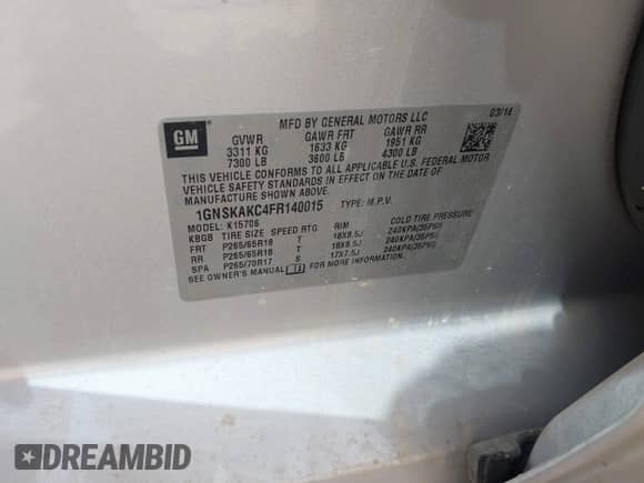 2015 Chevrolet Tahoe LS с VIN 1GNSKAKC4FR140015, выставлен на аукционе IAAI как лот 42024378 с пробегом Не указан миль и . История ставок и продаж доступна на DreamBid. Изображение 9.