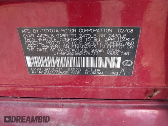 2008 Lexus IS 250 с VIN JTHBK262682075713, выставлен на аукционе IAAI как лот 42918408 с пробегом 286 543 миль миль и . История ставок и продаж доступна на DreamBid. Изображение 9.