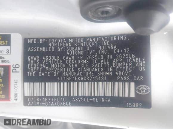 2012 Toyota Camry L с VIN 4T4BF1FK8CR215484, выставлен на аукционе IAAI как лот 43524353 с пробегом 121 972 миль миль и . История ставок и продаж доступна на DreamBid. Изображение 9.