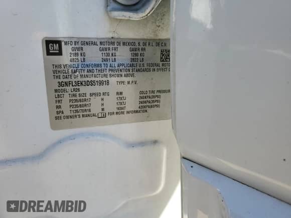 2013 Chevrolet Captiva Sport LT with VIN 3GNFL3EK3DS519918, listed as a Copart auction lot 76310344 with 128,423 mi miles and Salvage title. Bid and sale history available at DreamBid. Image 12.