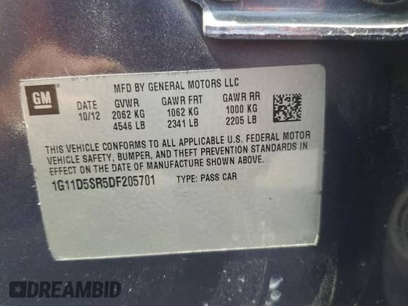 2013 Chevrolet Malibu Eco с VIN 1G11D5SR5DF205701, выставлен на аукционе Copart как лот 66428665 с пробегом 94 187 миль миль и Списание • Salvage title. История ставок и продаж доступна на DreamBid. Изображение 12.