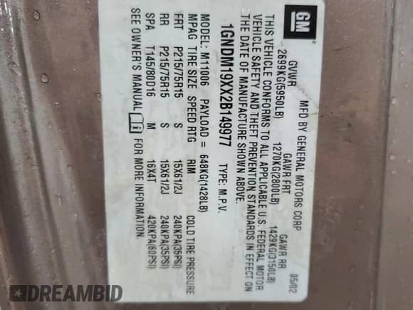 2002 Chevrolet Astro с VIN 1GNDM19XX2B149977, выставлен на аукционе Copart как лот 73148144 с пробегом 147 742 миль миль и Списание • Salvage title. История ставок и продаж доступна на DreamBid. Изображение 14.