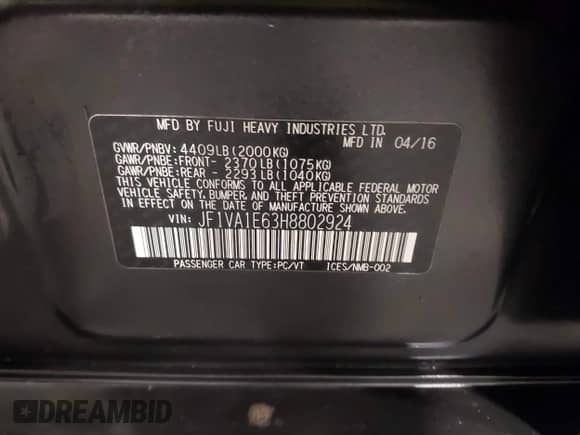 2017 Subaru WRX Premium with VIN JF1VA1E63H8802924, listed as a IAAI auction lot 42254158 with 64,340 mi miles and . Bid and sale history available at DreamBid. Image 9.