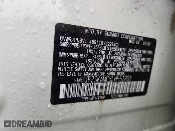 2020 Subaru Forester Special Sports z VIN JF2SKAMC8LH551801, wystawiony jako Copart lot #85513535 z przebiegiem 63 154 mil mil oraz Szkoda całkowita • Salvage title. Historia ofert i sprzedaży dostępna na DreamBid. Obrazek 12.