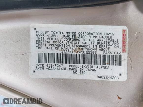 1993 Toyota Camry LE z VIN JT2SK12E6P0122365, wystawiony jako IAAI lot #41977260 z przebiegiem 162 971 mil mil oraz . Historia ofert i sprzedaży dostępna na DreamBid. Obrazek 9.