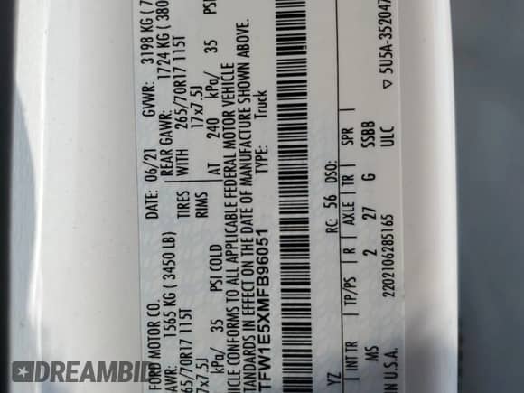 2021 Ford F-150 XLT с VIN 1FTFW1E5XMFB96051, выставлен на аукционе Copart как лот 71672385 с пробегом Не указан миль и Списание • Salvage title. История ставок и продаж доступна на DreamBid. Изображение 12.