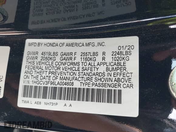 2020 Honda Accord Touring with VIN 1HGCV3F96LA004608, listed as a IAAI auction lot 42573726 with 57,033 mi miles and . Bid and sale history available at DreamBid. Image 9.