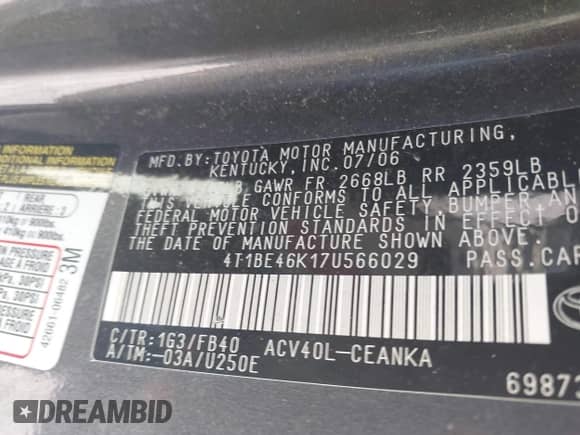 2007 Toyota Camry CE z VIN 4T1BE46K17U566029, wystawiony jako IAAI lot #43430673 z przebiegiem 234 584 mil mil oraz . Historia ofert i sprzedaży dostępna na DreamBid. Obrazek 9.