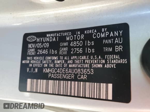 2010 Hyundai Genesis with VIN KMHGC4DE6AU083653, listed as a Copart auction lot 57165075 with 133,843 mi miles and Salvage title. Bid and sale history available at DreamBid. Image 12.