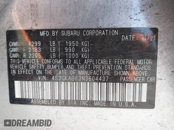 2022 Subaru Impreza with VIN 4S3GKAB63N3604437, listed as a IAAI auction lot 42386486 with 23,384 mi miles and . Bid and sale history available at DreamBid. Image 9.