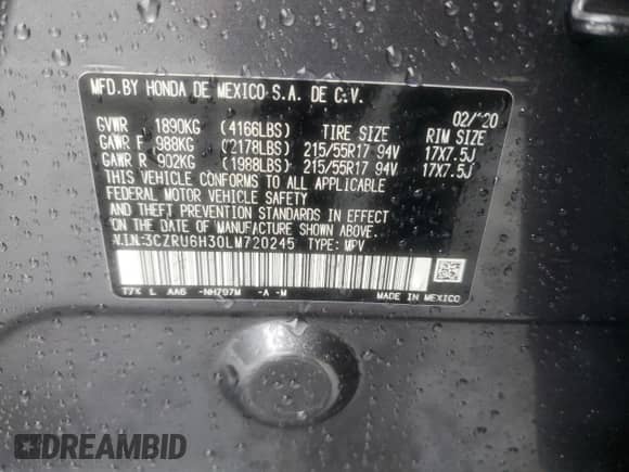 2020 Honda HR-V LX with VIN 3CZRU6H30LM720245, listed as a Copart auction lot 69759395 with 48,137 mi miles and Salvage title. Bid and sale history available at DreamBid. Image 13.