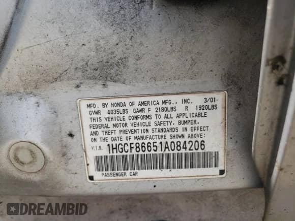 2001 Honda Accord VP с VIN 1HGCF86651A084206, выставлен на аукционе Copart как лот 56492445 с пробегом 256 229 миль миль и Списание • Salvage title. История ставок и продаж доступна на DreamBid. Изображение 12.