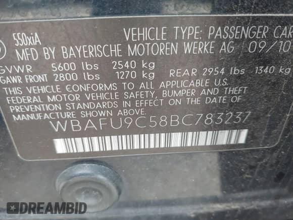 2011 BMW 5 Series 550i xDrive with VIN WBAFU9C58BC783237, listed as a IAAI auction lot 42259293 with 117,674 mi miles and . Bid and sale history available at DreamBid. Image 9.