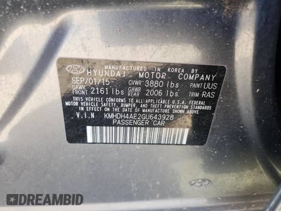 2016 Hyundai Elantra SE with VIN KMHDH4AE2GU643928, listed as a Copart auction lot 86467955 with 124,741 mi miles and Clean title. Bid and sale history available at DreamBid. Image 12.