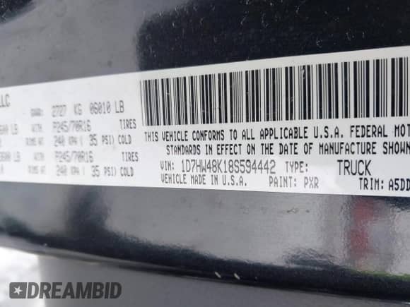 2008 Dodge Dakota SLT with VIN 1D7HW48K18S594442, listed as a IAAI auction lot 41620423 with 144,590 mi miles and . Bid and sale history available at DreamBid. Image 9.
