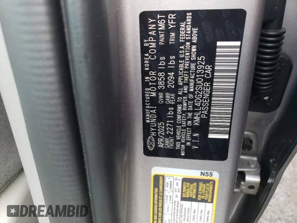 2025 Hyundai Elantra SE with VIN KMHLL4DG2SU013925, listed as a Copart auction lot 62899015 with 1,899 mi miles and Salvage title. Bid and sale history available at DreamBid. Image 13.